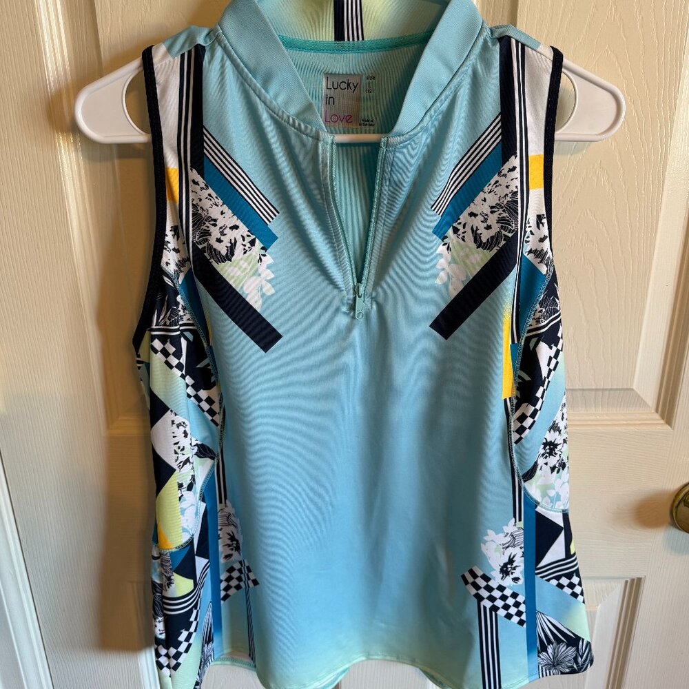 Lucky in Love Tennis/Golf Shirt - Blue Multi-Print